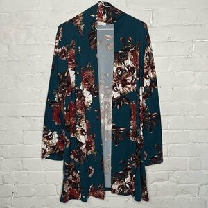 Teal Floral Open-Front Cardigan Sweater